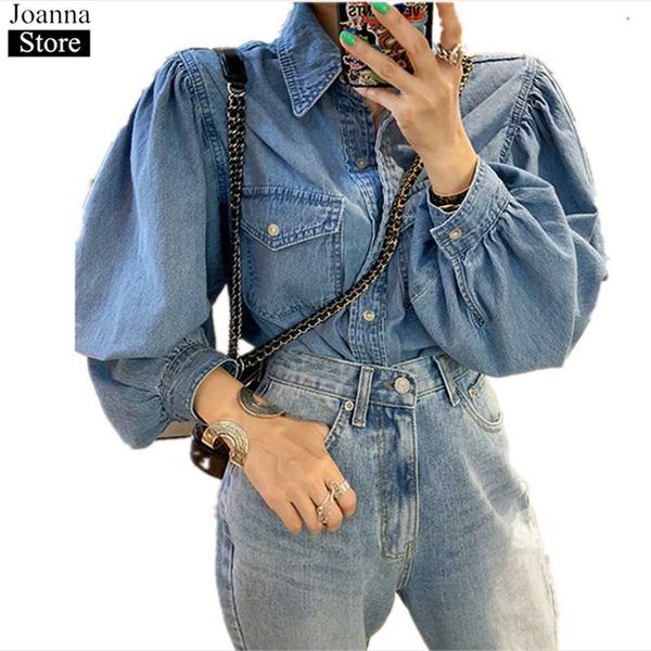 women's blouses & shirts spring women lapel long-sleeve denim shirt lantern sleeve casual vintage jacket female oversized loose wild au, White
women's blouses & shirts spring women lapel long-sleeve denim shirt lantern sleeve casual vintage jacket female oversized loose wild au, White