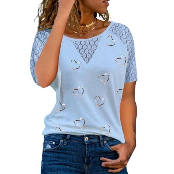 women's t-shirt summer women hearts printing thin female round neck short sleeve lace stitching plus size elegant work t-shirts 2021, White 
women's t-shirt summer women hearts printing thin female round neck short sleeve lace stitching plus size elegant work t-shirts 2021, White