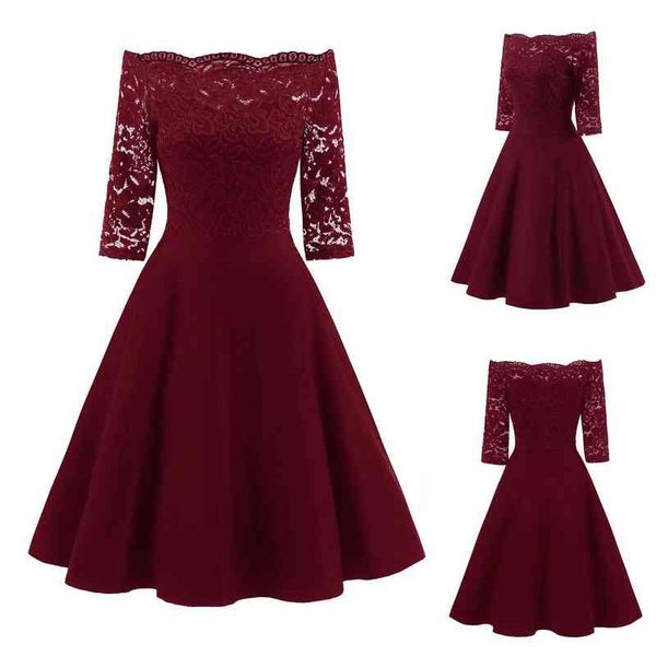 women elegant lace dress half sleeve off shoulder wedding party costume solid knee-length evening party prom dress vestidos y1204, Black;gray
women elegant lace dress half sleeve off shoulder wedding party costume solid knee-length evening party prom dress vestidos y1204, Black;gray
