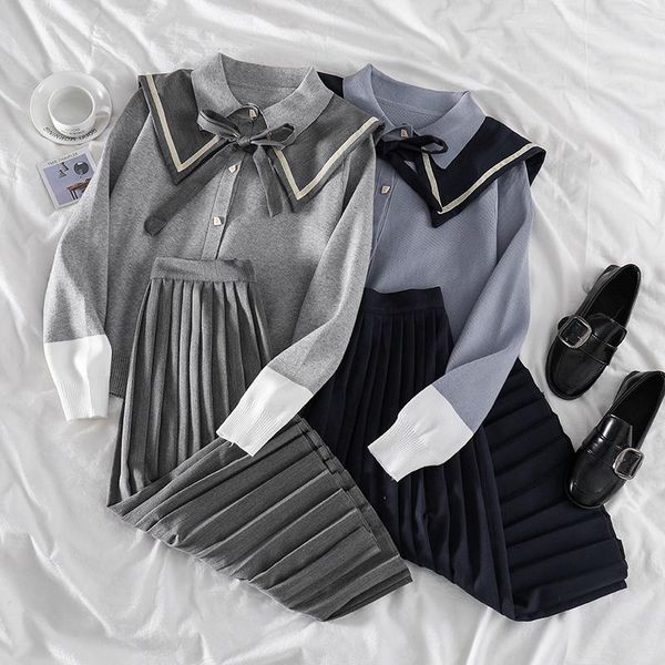 two piece dress 2021 women casual streetwear set bow shawl patchwork kintting cardigan+high waist pleated skirt korean style harajuku sets, White 
two piece dress 2021 women casual streetwear set bow shawl patchwork kintting cardigan+high waist pleated skirt korean style harajuku sets, White