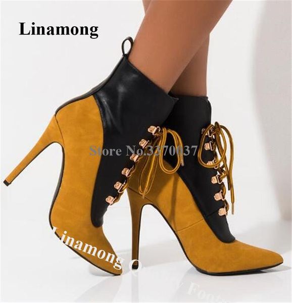 boots linamong est pointed toe suede patchwork leather stiletto heel short lace-up high ankle booties motorcycle, Black
boots linamong est pointed toe suede patchwork leather stiletto heel short lace-up high ankle booties motorcycle, Black