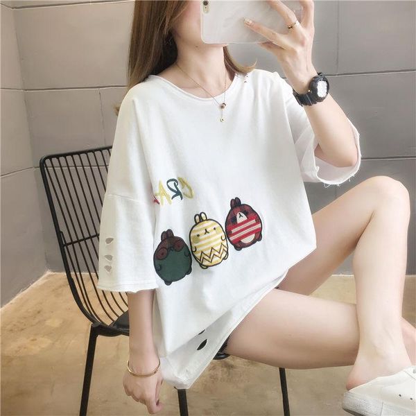 women's t-shirt women summer length embroidery half sleeves loose comfortable round collar, White
women's t-shirt women summer length embroidery half sleeves loose comfortable round collar, White