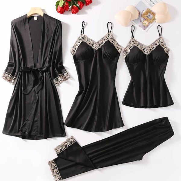 women's sleepwear 2021 silk satin party soft women kawaii lounge pajamas 4 pack lace bathrobe+sling dress+sling pants sets, Black;red
women's sleepwear 2021 silk satin party soft women kawaii lounge pajamas 4 pack lace bathrobe+sling dress+sling pants sets, Black;red