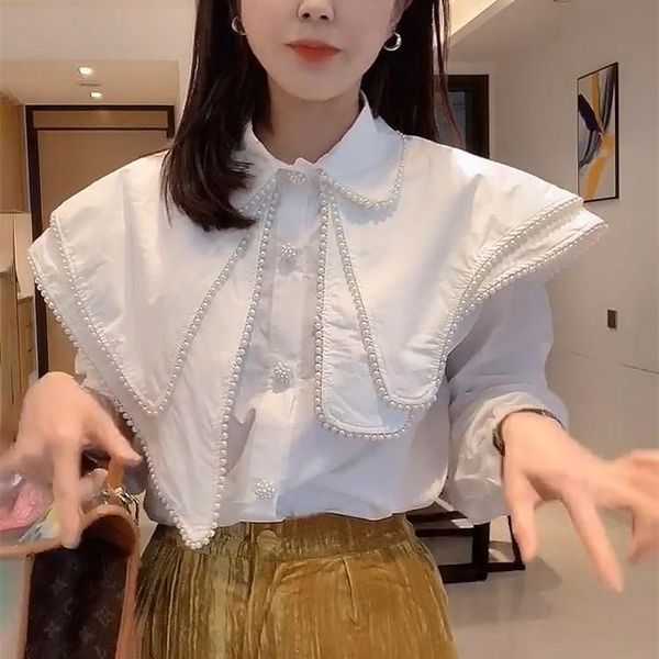 women's blouses & shirts female irregular double-layer beaded large lapel solid color shirt 2021 women spring sweet girl flower buttons, White
women's blouses & shirts female irregular double-layer beaded large lapel solid color shirt 2021 women spring sweet girl flower buttons, White