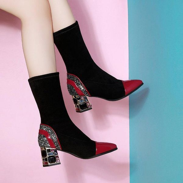 boots slim short woman mid calf boot elastic fabric rhinestone square heel women's winter shoes 2021 female footware, Black
boots slim short woman mid calf boot elastic fabric rhinestone square heel women's winter shoes 2021 female footware, Black