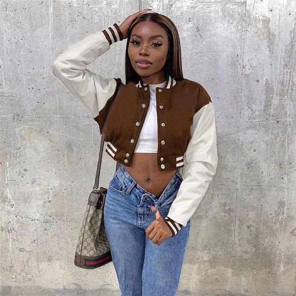 women's jackets shin baseball jacket 2021 patchwork y2k casual single breasted long sleeve short autumn high street coat sporty women, Black;brown
women's jackets shin baseball jacket 2021 patchwork y2k casual single breasted long sleeve short autumn high street coat sporty women, Black;brown