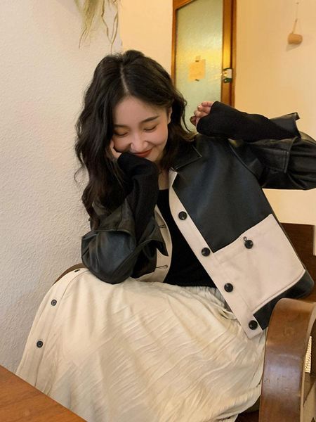 women's leather & faux short stitching coat fall clothing 2021 korean fashion loose jacket autumn bomber, Black
women's leather & faux short stitching coat fall clothing 2021 korean fashion loose jacket autumn bomber, Black