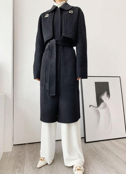 women's wool & blends 2021 double faced overcoat solid color medium long two piece for women, Black
women's wool & blends 2021 double faced overcoat solid color medium long two piece for women, Black