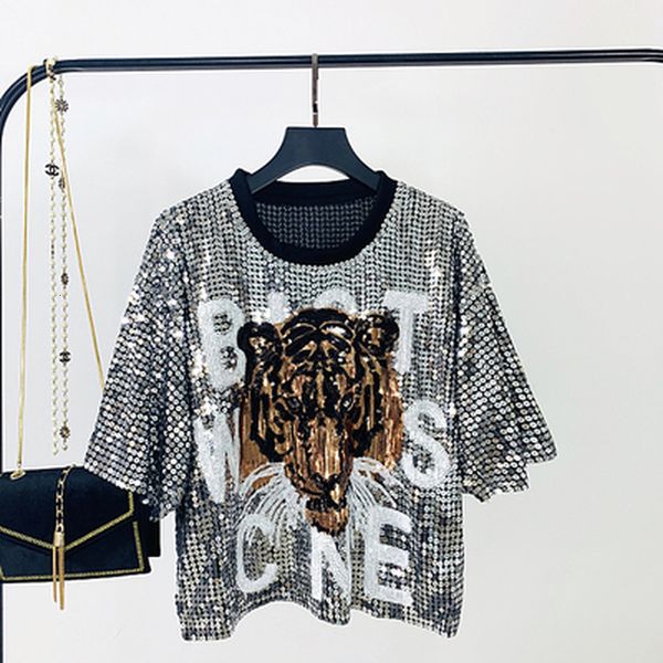 tee fashion sequined tshirt women summer tiger head pattern sleeve short t-shirt streetwear, White
tee fashion sequined tshirt women summer tiger head pattern sleeve short t-shirt streetwear, White
