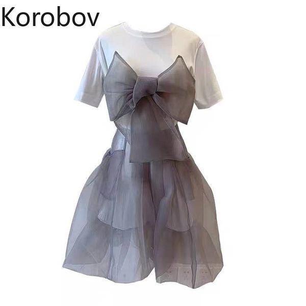 korobov women sweet elegant two pieces sets korean o neck short sleeve bow patchwork t shirt and high waist a-line mesh skirts 210430, White
korobov women sweet elegant two pieces sets korean o neck short sleeve bow patchwork t shirt and high waist a-line mesh skirts 210430, White