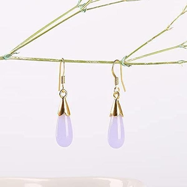 Dangle & Chandelier Natural Boho Gold Stone Jade Gem Water Drop Womens Earrings, Silver