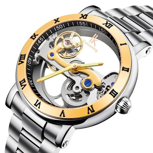 

wristwatches ik coloring original men's mechanical bridge skeleton watch stainless steel male clock automatic relogio masculino, Slivery;brown