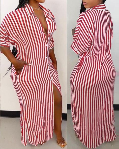 casual dresses 2021 women's shirt dress striped pocket split hem button up maxi slim elegant length robe, Black;gray
casual dresses 2021 women's shirt dress striped pocket split hem button up maxi slim elegant length robe, Black;gray