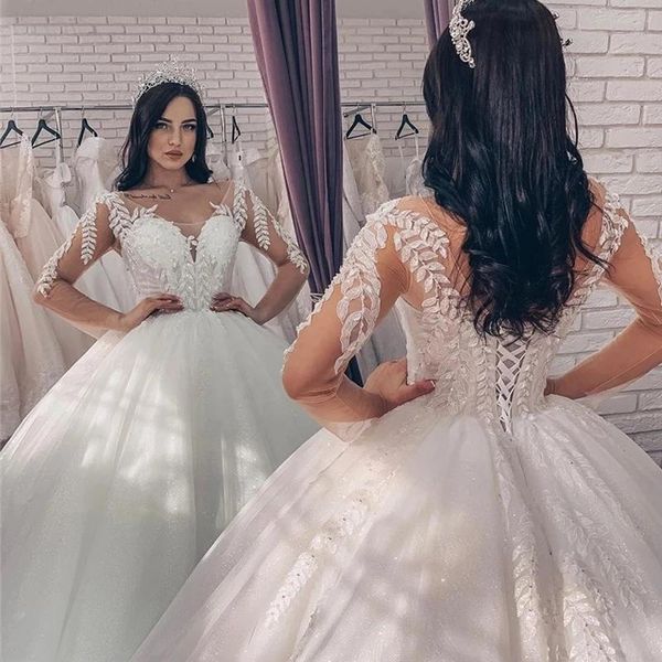2021 long sleeves ball gown wedding dresses castle lace applique beaded crystals corset back v neck illusion custom made plus size vestido d, White
2021 long sleeves ball gown wedding dresses castle lace applique beaded crystals corset back v neck illusion custom made plus size vestido d, White