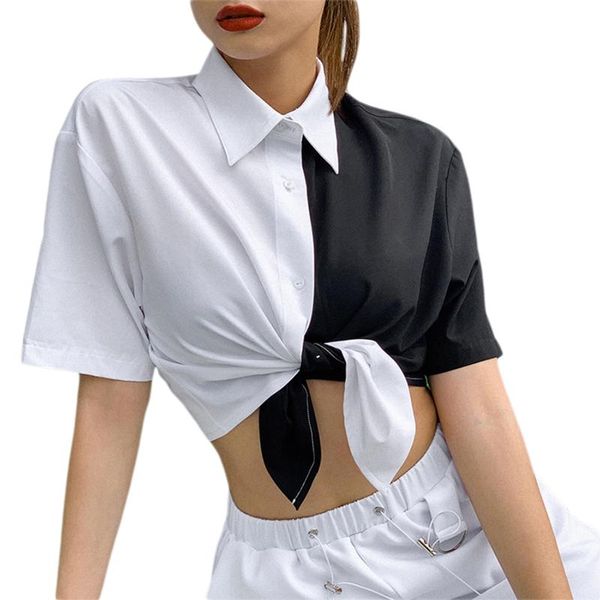 fashion women patchwork button casual crop women's black and white contrast navel t-shirt
fashion women patchwork button casual crop women's black and white contrast navel t-shirt