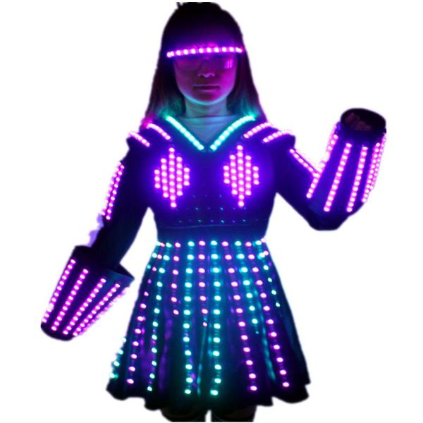 party decoration led robot suit costume laser glove canvas fashion glowing wedding dress clothes luminous headwear short skirt