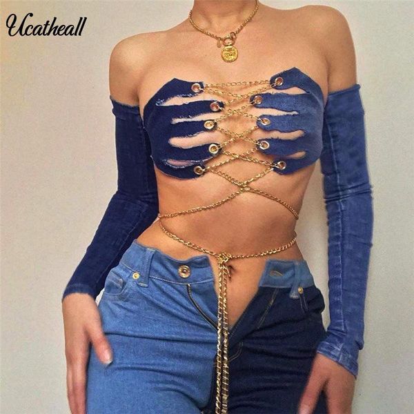 women's t-shirt hollow out women long sleeve denim crop finger cut patchwork lace up metal chain bandage fitness clothe, White
women's t-shirt hollow out women long sleeve denim crop finger cut patchwork lace up metal chain bandage fitness clothe, White