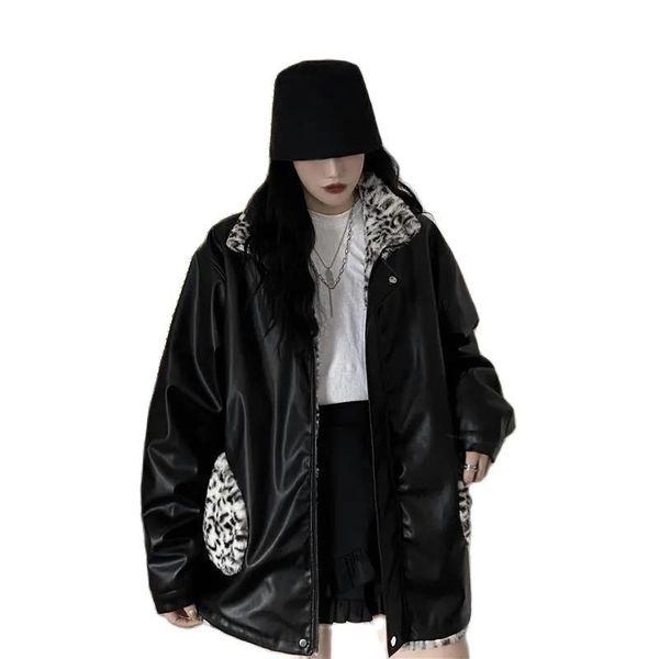 women's leather & faux fashion pu jacket autumn and winter 2021 locomotive clothing leopard print plus velvet cotton, Black
women's leather & faux fashion pu jacket autumn and winter 2021 locomotive clothing leopard print plus velvet cotton, Black