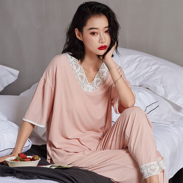 women's sleepwear v neck loose women's pajamas set short sleeve trousers home wear clothes modal cotton lace nightwear female pija, Black;red
women's sleepwear v neck loose women's pajamas set short sleeve trousers home wear clothes modal cotton lace nightwear female pija, Black;red