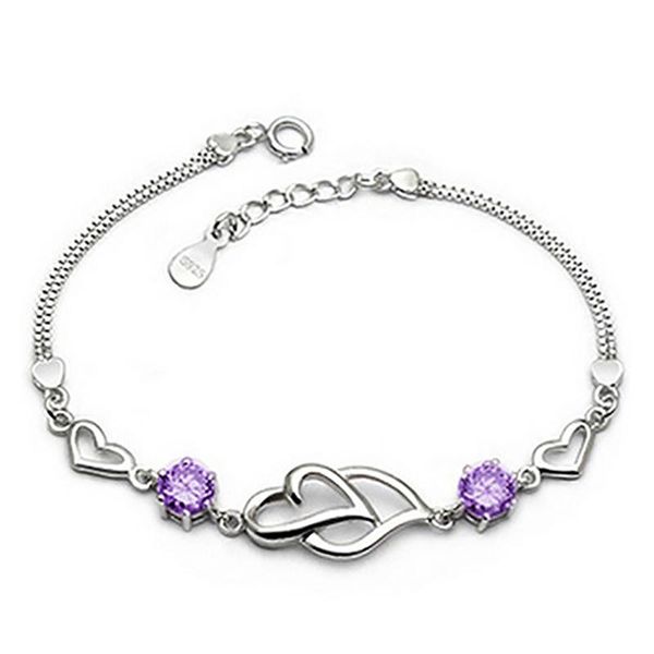 link, chain 925 sterling silver double heart bracelet fashion female delicate cute bling jewelry purple white crystal, Black
link, chain 925 sterling silver double heart bracelet fashion female delicate cute bling jewelry purple white crystal, Black