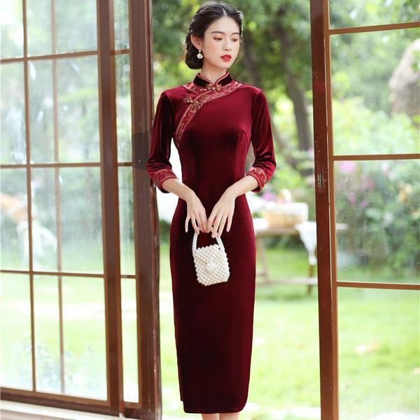 ethnic clothing lady 3/4 sleeve velour cheongsams mid length chinese dresses solid color autumn winter qipao big size formal party vest, Red
ethnic clothing lady 3/4 sleeve velour cheongsams mid length chinese dresses solid color autumn winter qipao big size formal party vest, Red