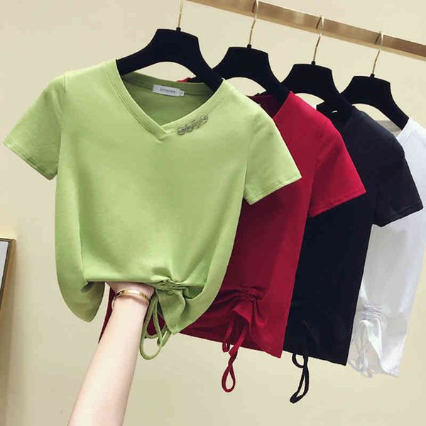 women's t-shirt v-neck button drawstring t shirt women clothes short sleeve summer cotton korean tshirt female vetement femme y9py, White
women's t-shirt v-neck button drawstring t shirt women clothes short sleeve summer cotton korean tshirt female vetement femme y9py, White