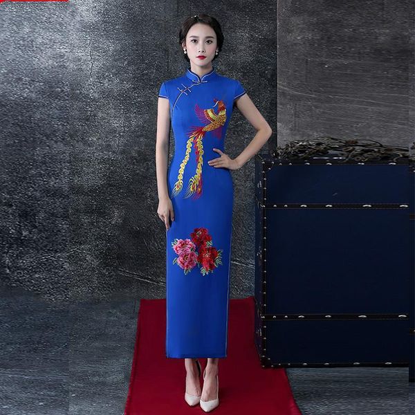 the fashion blue embroidered phoenix and flowers long dress cheongsam autumn for performance reception ethnic clothing, Red
the fashion blue embroidered phoenix and flowers long dress cheongsam autumn for performance reception ethnic clothing, Red