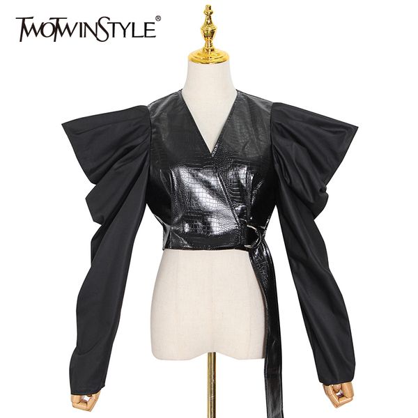 casual patchwork pu leather shirt for women v neck puff sleeve short female fall fashion clothing 210524, White
casual patchwork pu leather shirt for women v neck puff sleeve short female fall fashion clothing 210524, White