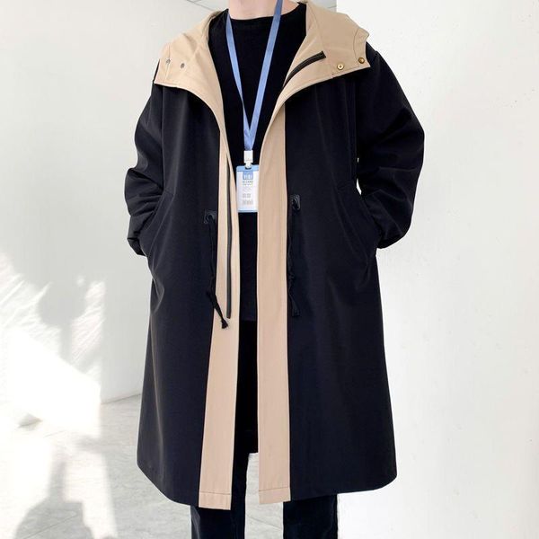 men's trench coats spring and autumn middle long hooded windbreaker over knee coat loose versatile wear, Tan;black
men's trench coats spring and autumn middle long hooded windbreaker over knee coat loose versatile wear, Tan;black
