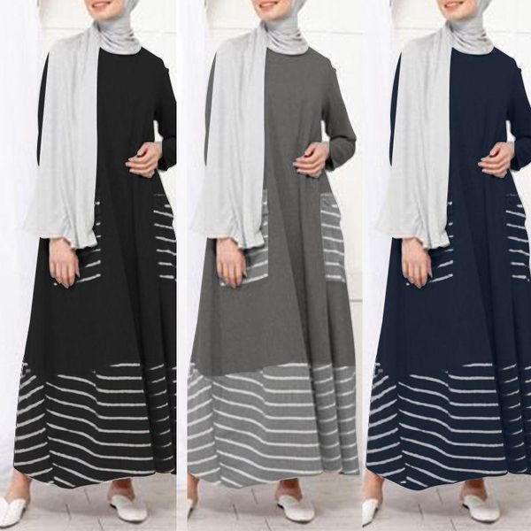 casual dresses women's autumn muslim maxi dress zanzea elegant round neck stripe patchwork robe femme female long sleeves vestidos 5xl, Black;gray 
casual dresses women's autumn muslim maxi dress zanzea elegant round neck stripe patchwork robe femme female long sleeves vestidos 5xl, Black;gray