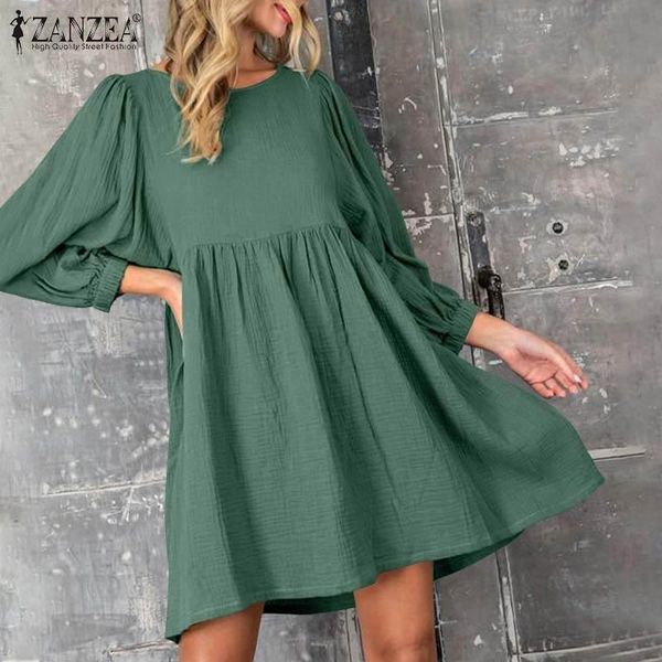 casual dresses elegant women dress 2022 summer puff sleeve knee length vestidos solid a-line sundress ladies o-neck pleated robe, Black;gray