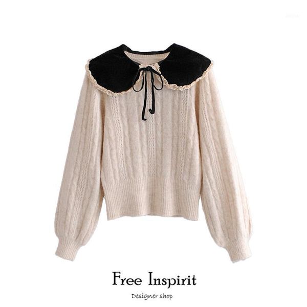 women's sweaters 2021 inspirit arrival winter female pullovers knitted lace patchwork short vintage butterfly collar sweater, White;black
women's sweaters 2021 inspirit arrival winter female pullovers knitted lace patchwork short vintage butterfly collar sweater, White;black