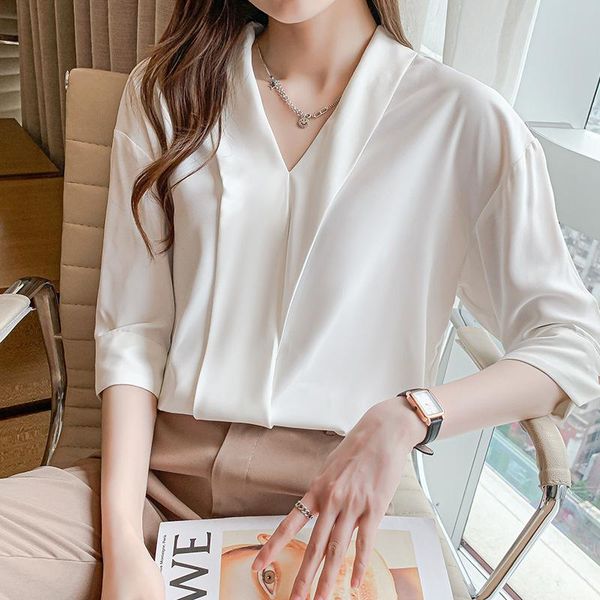 women's blouses & shirts 2021 summer style v-neck long sleeve chiffon shirt fashion placket temperament em*, White
women's blouses & shirts 2021 summer style v-neck long sleeve chiffon shirt fashion placket temperament em*, White
