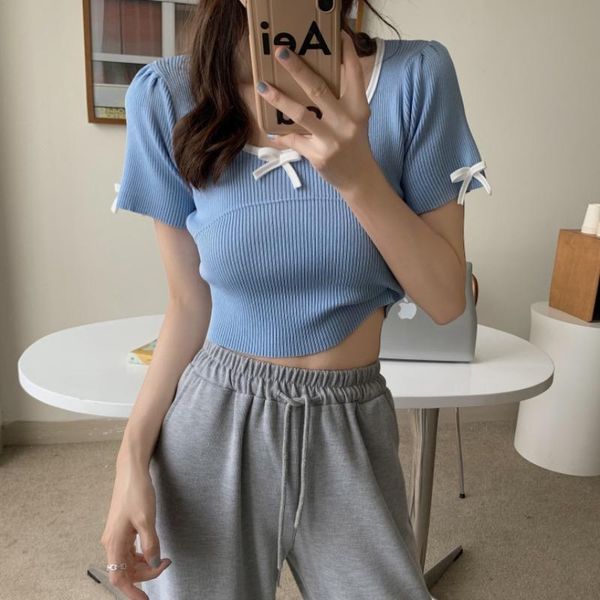 women's t-shirt 2021 summer korean style contrast color knitwear round neck bowknot short sleeve versatile bottoming women, White
women's t-shirt 2021 summer korean style contrast color knitwear round neck bowknot short sleeve versatile bottoming women, White