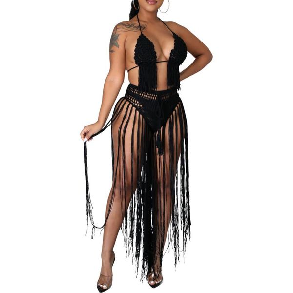 women's swimwear 2021 women beach halterneck bikini + briefs long tassel decoration hand-knitted crochet summer clothing bikinis set, White;black 
women's swimwear 2021 women beach halterneck bikini + briefs long tassel decoration hand-knitted crochet summer clothing bikinis set, White;black