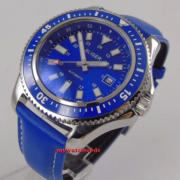 44mm bliger blue dial dg miyota 8215 automatic men's watches date match rotating cap leather band luminous marks, Slivery;brown
44mm bliger blue dial dg miyota 8215 automatic men's watches date match rotating cap leather band luminous marks, Slivery;brown