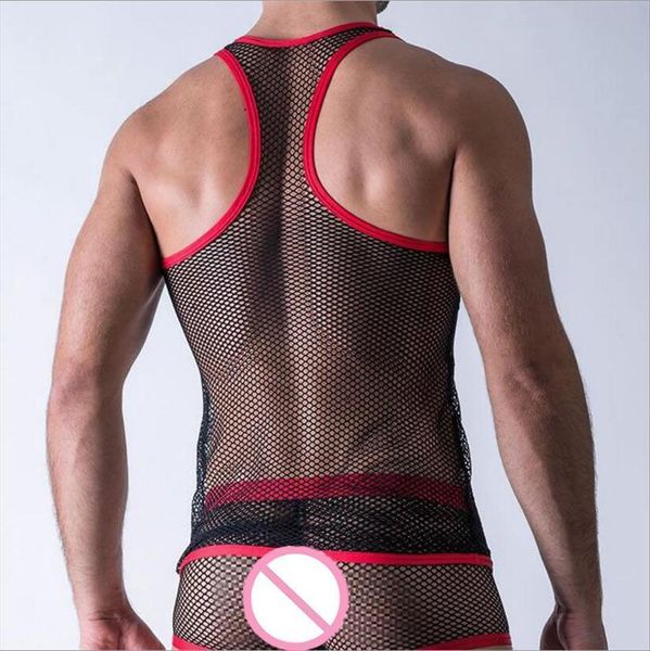 male sheer black mesh tank with red trim undershirt racer back vest singlet macho show outfit, White;black
male sheer black mesh tank with red trim undershirt racer back vest singlet macho show outfit, White;black