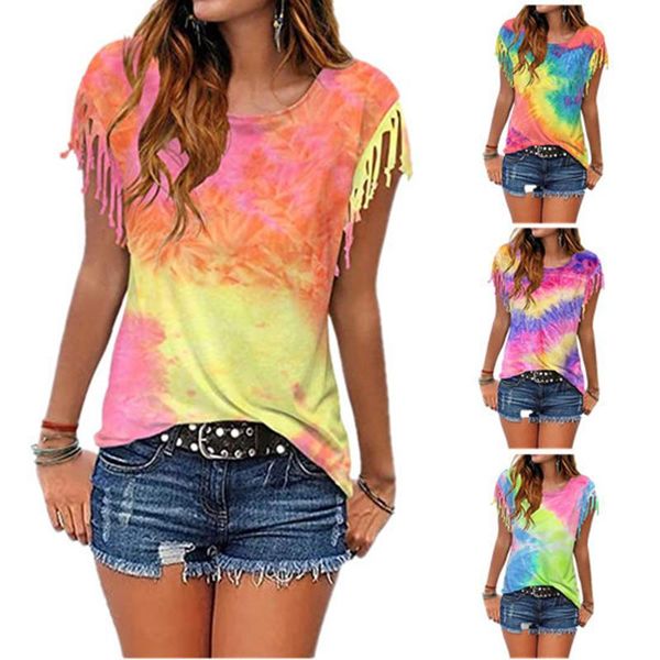 women's t-shirt fashion tassel short sleeve 2021 summer large tie dye gradient t-shirts street casual clothes ladies tees, White
women's t-shirt fashion tassel short sleeve 2021 summer large tie dye gradient t-shirts street casual clothes ladies tees, White