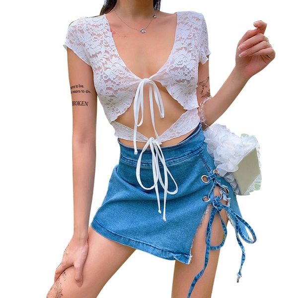 women's t-shirt 2021 fashion women lace perspective bandage club backless reversible wear, White
women's t-shirt 2021 fashion women lace perspective bandage club backless reversible wear, White