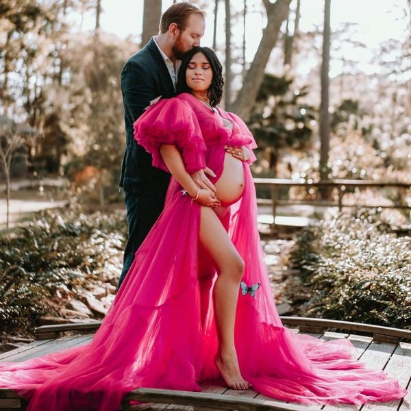fuchsia ruffles maternity dress robes for p shoot or baby shower chic women prom gowns long sleeve pgraphy robe pregancy, Black