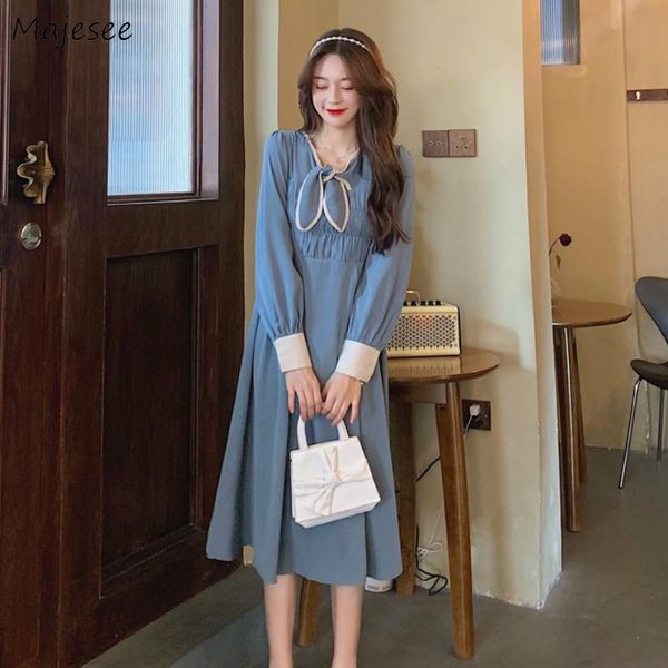 long sleeve dress women high-waist slim bow solid elegant pleated midi-dresses a-line sweet lady fashion vintage all-match chic casual dress, Black;gray
long sleeve dress women high-waist slim bow solid elegant pleated midi-dresses a-line sweet lady fashion vintage all-match chic casual dress, Black;gray