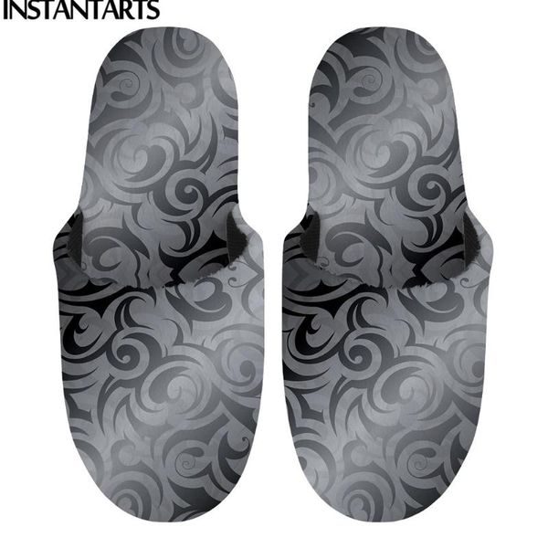 slippers instantarts tribal tattoos grey women home cotton fluffy plush anti-slip indoor men couple soft warm footwear winter, Black
