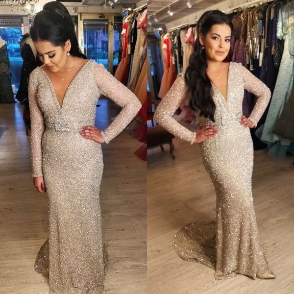 long sleeves sequined mermaid evening dresses v neck court train party prom mother dresses, Black;red
long sleeves sequined mermaid evening dresses v neck court train party prom mother dresses, Black;red