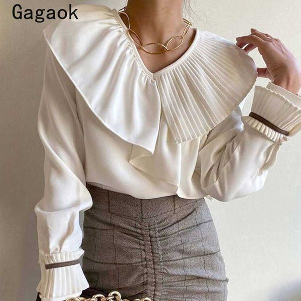 women blouse spring autumn solid v-neck office lady ruffles full wild shirts loose korean chic fashion blouses 210531, White
women blouse spring autumn solid v-neck office lady ruffles full wild shirts loose korean chic fashion blouses 210531, White