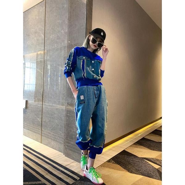 women's two piece pants 2021 autumn denim patchwork casual suit jeans western style -, White
women's two piece pants 2021 autumn denim patchwork casual suit jeans western style -, White