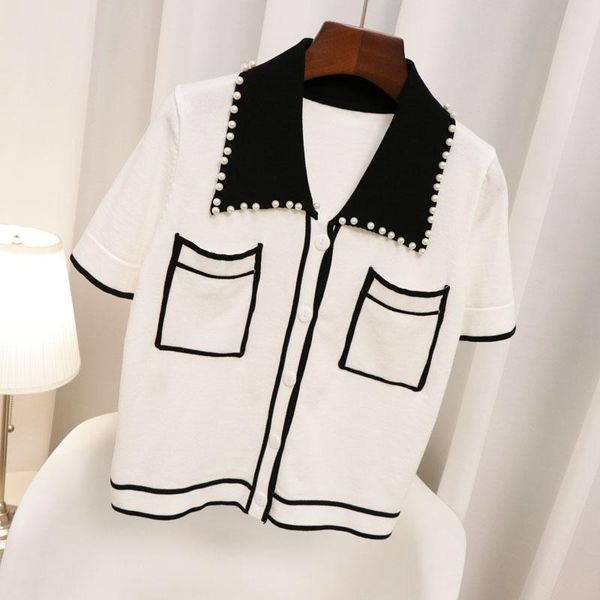 women's knits & tees black white color block elegant lady knitted women cardigan short sleeve summer spring pearls beading pull femme j
women's knits & tees black white color block elegant lady knitted women cardigan short sleeve summer spring pearls beading pull femme j