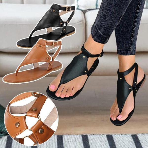 sandals women flat open toe ladies beach buckle strap flip flops breathable comfort shoes plus size, Black