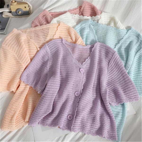 women's knits & tees 2021 women knitted cardigan v-neck short sleeve korean summer fashion coat loose thin hollow out cropped zy5862, White
women's knits & tees 2021 women knitted cardigan v-neck short sleeve korean summer fashion coat loose thin hollow out cropped zy5862, White