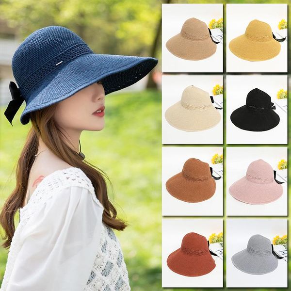 wide brim hats summer bowknot sun women beach uv protction empty hat hand made straw casual ribbon knit visor caps female, Blue;gray
wide brim hats summer bowknot sun women beach uv protction empty hat hand made straw casual ribbon knit visor caps female, Blue;gray