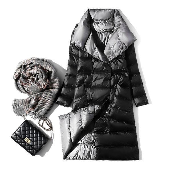 fashion winter ultra light duck down jacket v neck double-sided medium long coat ladies plus size parkas mujer 210602, Black
fashion winter ultra light duck down jacket v neck double-sided medium long coat ladies plus size parkas mujer 210602, Black